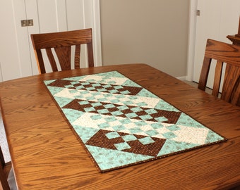 Wide Quilted Table Runner - Modern Patchwork - Aqua, Brown and Cream