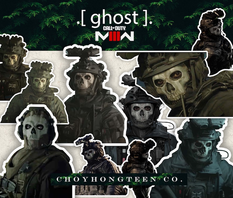 May include: A collage of images featuring the Ghost character from Call of Duty: Modern Warfare III. The images show Ghost wearing a variety of different outfits and masks, including a skull mask and a gas mask. The text "[ghost]." and "CALL OF DUTY MWIII" is also visible in the image.