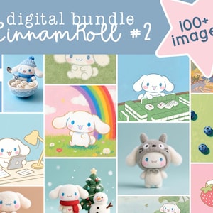 May include: A digital bundle showcasing multiple images of a cartoon character with large ears. The images depict the character in diverse scenarios, including with a rainbow, playing mahjong, and near a Christmas tree. Text reads "digital bundle Cinnamoroll #2" and "100+ images".