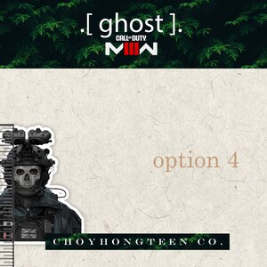 May include: A black and white sticker of a Call of Duty: Modern Warfare character, Ghost, wearing a skull mask and tactical gear. The sticker is on a white background with a ruler and the text "option 4" and "CHOYHONGTEEN CO."