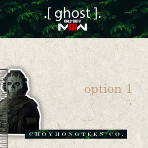 May include: A black and white sticker of the Call of Duty: Modern Warfare character Ghost. The sticker is approximately 3 inches tall and features the character's signature gas mask and tactical gear. The sticker is on a white background with a ruler for scale.