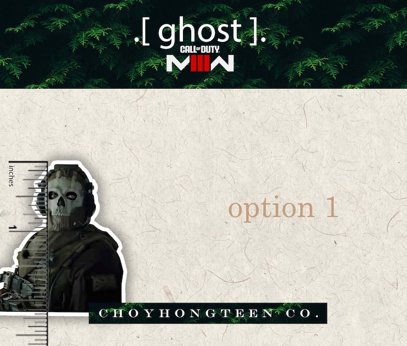 May include: A black and white sticker of the Call of Duty: Modern Warfare character Ghost. The sticker is approximately 3 inches tall and features the character's signature gas mask and tactical gear. The sticker is on a white background with a ruler for scale.