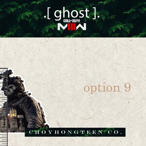 May include: A black and white sticker of a Call of Duty: Modern Warfare character, Ghost, with the text "[ ghost ]." and "CALL OF DUTY" above the character and "CHOYHONGTEEN CO." below the character. The sticker is approximately 2 inches tall.