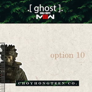 May include: A black and green sticker featuring a character from the Call of Duty: Modern Warfare video game. The character is wearing a skull mask and a tactical vest. The sticker is approximately 2 inches tall and has the text "[ ghost ]." and "CHOYHONGTEEN CO." printed on it.