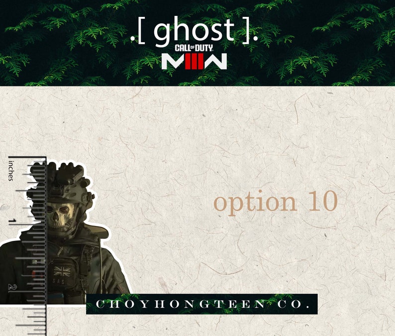 May include: A black and green sticker featuring a character from the Call of Duty: Modern Warfare video game. The character is wearing a skull mask and a tactical vest. The sticker is approximately 2 inches tall and has the text "[ ghost ]." and "CHOYHONGTEEN CO." printed on it.