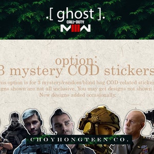 May include: Three mystery Call of Duty stickers. The image shows a variety of characters from the game, including Ghost, Price, and Soap. The text on the image reads "3 mystery COD stickers".