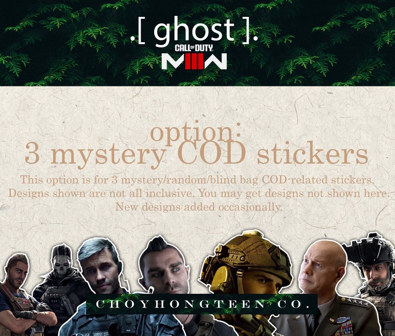 May include: Three mystery Call of Duty stickers. The image shows a variety of characters from the game, including Ghost, Price, and Soap. The text on the image reads "3 mystery COD stickers".