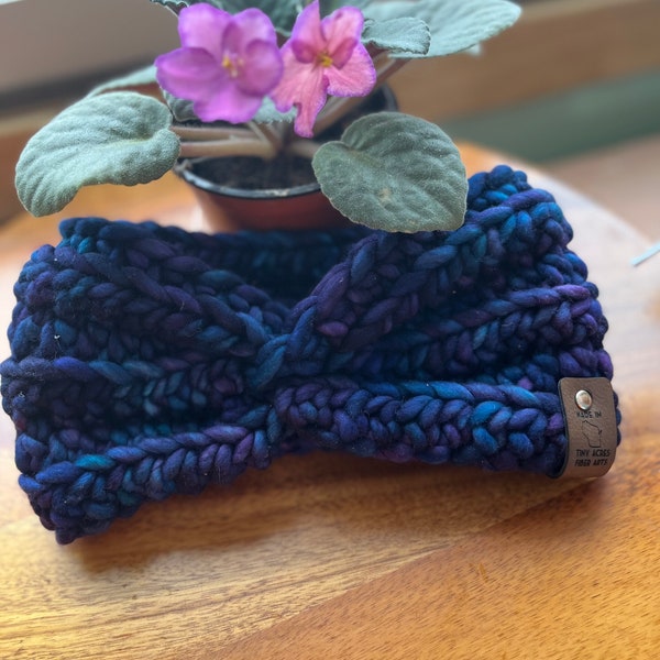Chunky Ear Warmer!  Luxurious Headband!  Malibrigo yarn!  Kettled Dyed Wool!  Gift for her!  Blue and Purple Headband! Twisted Ear Warmer!