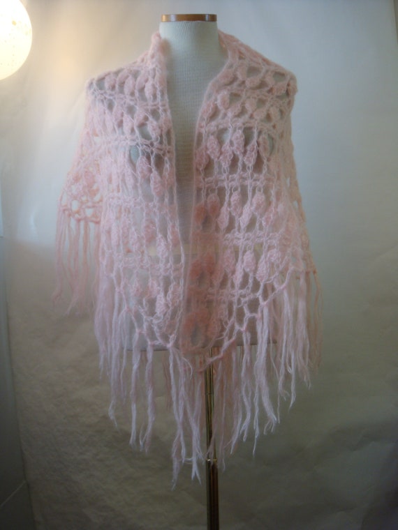 Pink Fuzzy Shawl Scarf Open Weave  Crochet Lightwe