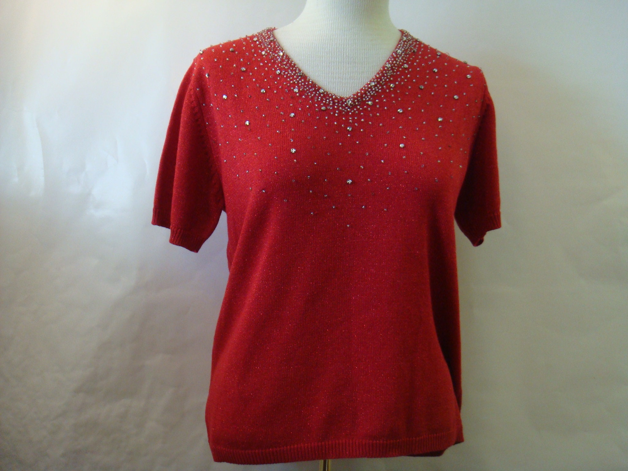 Red V Neck Short Sleeve Top Sparkle Rhinestone Medium Bust 40 Side Effects of California  80s  Holiday Evening