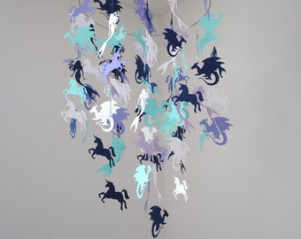 Mythical Creatures mobiel - zeemeerminnen, eenhoorns, draken (groot) - // kinderkamer mobiel - kies je kleuren