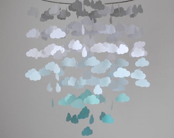 Gray, White, Aqua/Turquoise/Teal Ombre Cloud Mobile (Large) // Nursery Mobile // Baby Mobile - Choose Your Colors