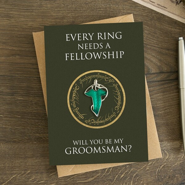 Will You Be My Groomsman Card with Keepsake Elf Leaf Pin, Fellowship, Usher, Wedding Party To Be Proposal Card, Elven Lapel Brooch, Witness