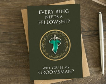 Will You Be My Groomsman Card with Keepsake Elf Leaf Pin, Fellowship, Usher, Wedding Party To Be Proposal Card, Elven Lapel Brooch, Witness