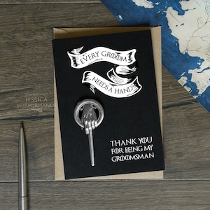 Groomsman Thank You Card and Pin, Gift From Groom, Usher, Flower Guy, Bookish, Geek, Flower Man, Hand of the King, Stag Party, Gift for Men