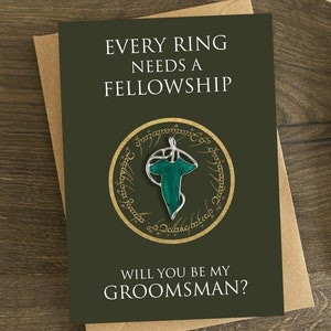 Kaart Will You Be My Groomsman met aandenken elfenbladpin, fellowship, bode, kaart bruiloft als voorstel, broche elfenrevers, getuige