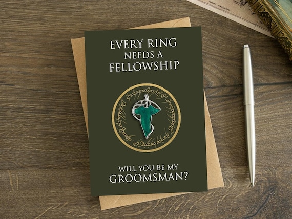 Will You Be My Groomsman Card with Keepsake Elf Leaf Pin, Fellowship, Usher, Wedding Party To Be Proposal Card, Elven Lapel Brooch, Witness