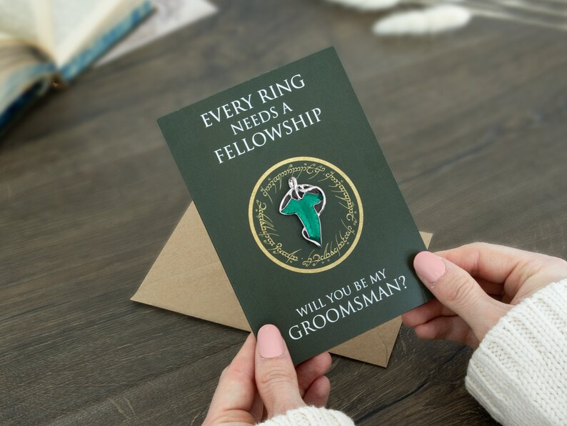 Will You Be My Groomsman Card with Keepsake Elf Leaf Pin, Fellowship, Usher, Wedding Party To Be Proposal Card, Elven Lapel Brooch, Witness image 6