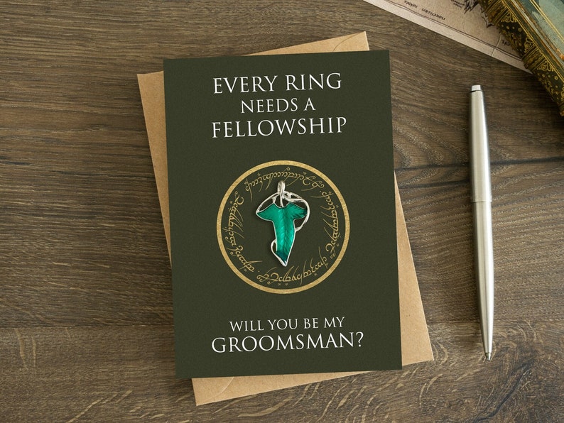 Will You Be My Groomsman Card with Keepsake Elf Leaf Pin, Fellowship, Usher, Wedding Party To Be Proposal Card, Elven Lapel Brooch, Witness image 1