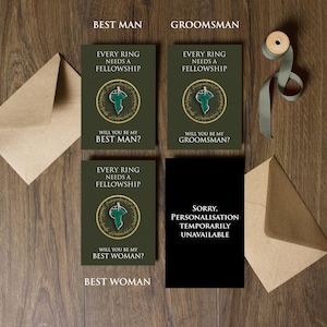 May include: Three dark olive green cards featuring the text "EVERY RING NEEDS A FELLOWSHIP" and a central green leaf emblem inside a gold circular border. The cards ask "WILL YOU BE MY BEST MAN?", "WILL YOU BE MY GROOMSMAN?", and "WILL YOU BE MY BEST WOMAN?" with two envelopes.
