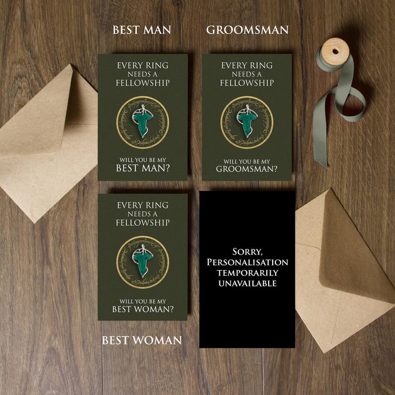May include: Three dark olive green cards featuring the text "EVERY RING NEEDS A FELLOWSHIP" and a central green leaf emblem inside a gold circular border. The cards ask "WILL YOU BE MY BEST MAN?", "WILL YOU BE MY GROOMSMAN?", and "WILL YOU BE MY BEST WOMAN?" with two envelopes.