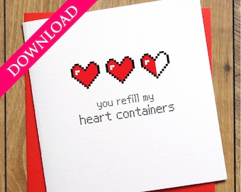 Zelda Valentines Card, You Refill My Heart Containers, Birthday Card, Anniversary Card, DIGITAL DOWNLOAD, Gamer Card, Nintendo, Hyrule