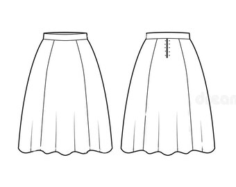Puede incluir: Un dibujo en blanco y negro de una falda con vista frontal y posterior. La falda tiene una cintura ajustada y una silueta acampanada en forma de A. La falda tiene una cremallera en la parte posterior.