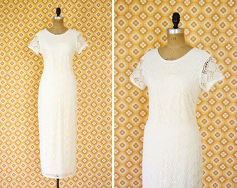 vintage 90s crocheted dress | 1990s open knit doily dress | white crochet maxi dress women
