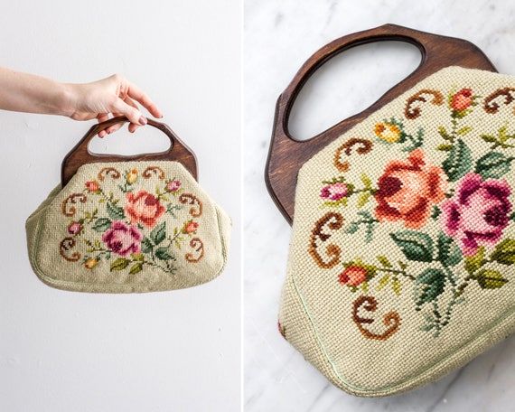 vintage 1950s green floral needlepoint handbag | 5