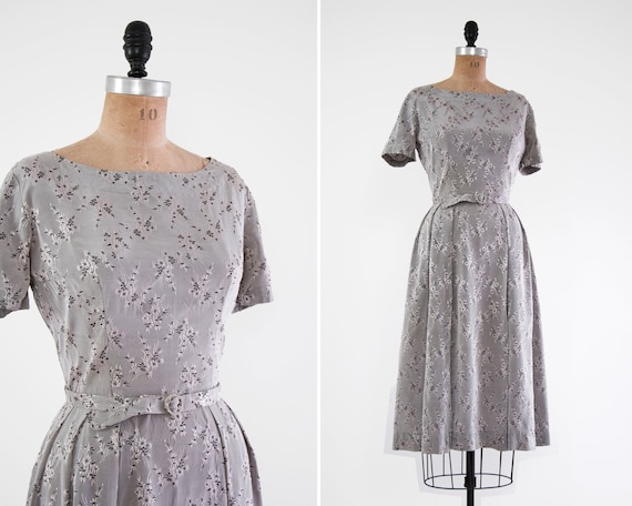 vintage 1950s floral dress | grey 50s day dress |
