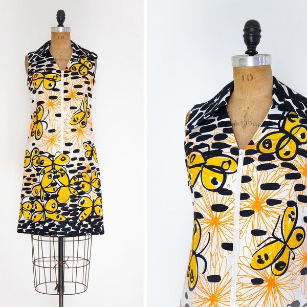 RARE vintage 1970s Vera Neumann butterfly dress | 1960s zip front dress | 60s 70s mod shift dress