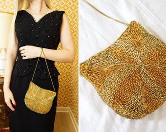 vintage 1950s gold beaded handbag | hand micro beaded evening purse | 50s formal clutch with chain