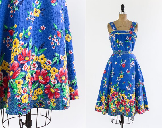 vintage 1940s sundress | 40s blue floral cotton se
