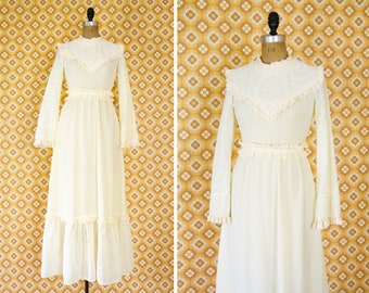 vintage 1970s prairie dress | white 70s peasant maxi dress | cottagecore long sleeve wedding dress