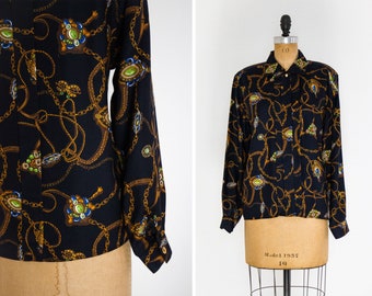 vintage 90s blouse | 1990s button up top | rayon Rena Rowan chain print shirt