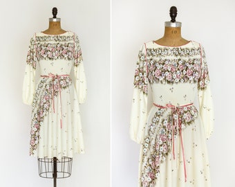 vintage 1970s floral dress | 70s ivory spring day dress with long sleeves
