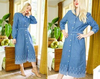 vintage 1980s long sleeve denim dress | 1990s blue jean dress | 80s 90s button down shirtwaist embroidered dress
