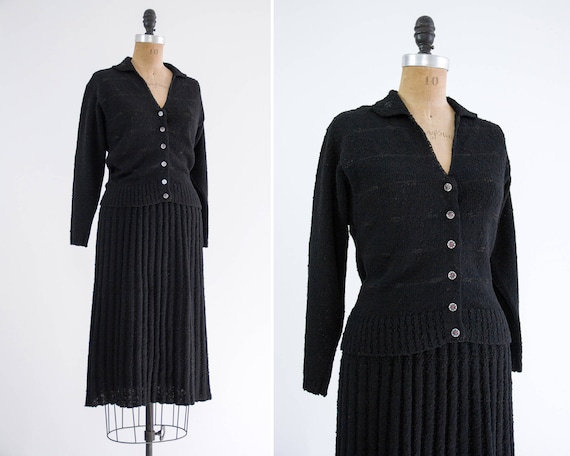vintage 1940s black dress set | 1940s knit set | 1
