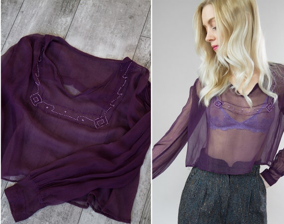 vintage 1920s blouse | purple chiffon 20s top | be