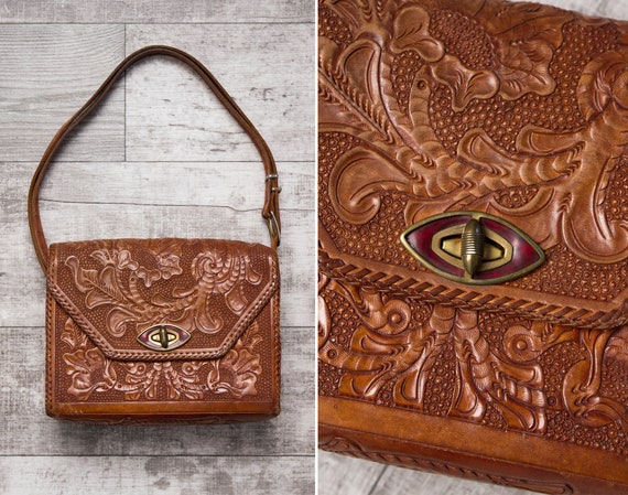 vintage 1970s tooled leather crossbody purse | 70s