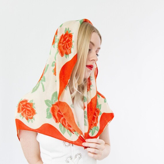 vintage 1940s crepe scarf | 1950s red silk scarf |