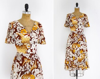 RARE vintage 1970s Jack Hartley dress | 70s cheetah floral jungle print dress | backless leopard dress