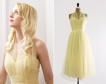vintage 1950s party dress | 50s formal dress | pastel yellow tulle dress | tea length prom dress