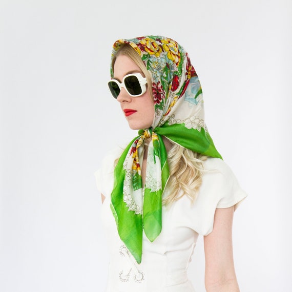 vintage 1940s floral scarf | 1950s green silk scar