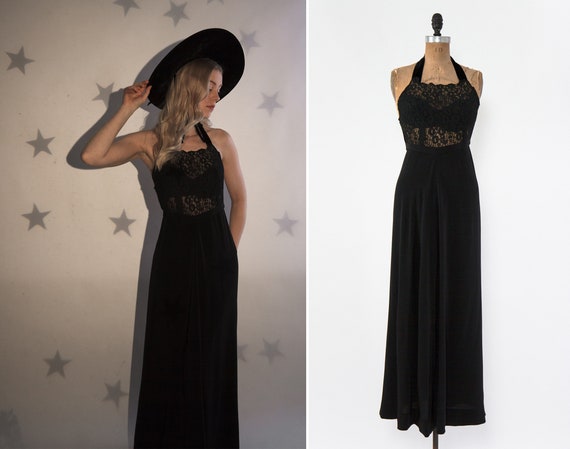 vintage 1930s evening gown | black halter bias cut