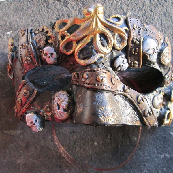 hand sculpted clay Mask, black and gold Steampunk Mask, Octopus, Costume mask, one of a kind, Masquerade ball, skulls, sculpted mask