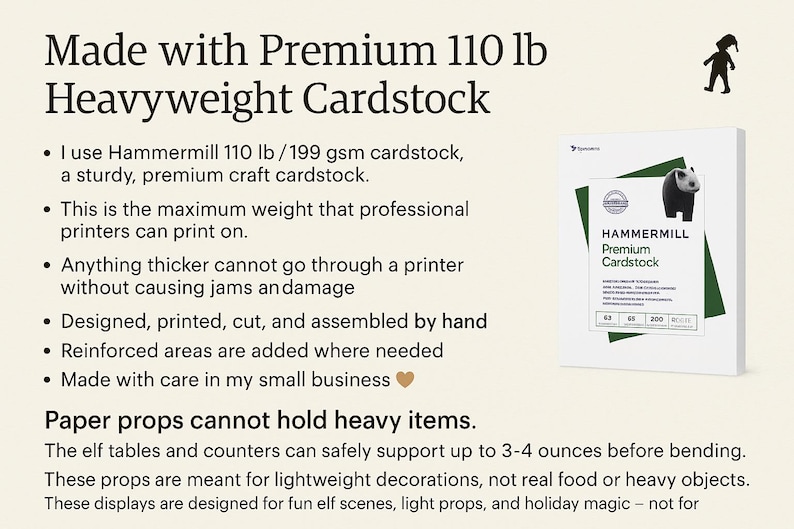 May include: An informational graphic stating Made with Premium 110 lb Heavyweight Cardstock, featuring a package of Hammermill 110 lb / 199 gsm cardstock. The text explains that paper props can safely support up to 3-4 ounces before bending.