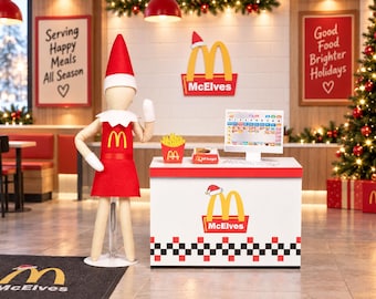 May include: A beige doll wearing a red felt uniform and hat stands beside a white service counter with a red and black checkered base. The counter features a McDonald's logo with a Santa hat, a cash register, fries, and a burger box.