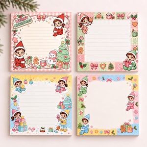 May include: Four square sticky note pads featuring Christmas-themed illustrations. Each pad displays cartoon elves, presents, trees, snowmen, and holiday icons. One pad includes the text Merry Christmas in a green bubble with a pink border.