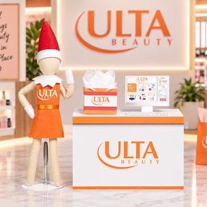 May include: A miniature elf figurine wearing an orange dress and a red hat stands beside a white checkout counter featuring the orange Ulta Beauty logo. A small shopping bag with white tissue paper and a computer monitor sit on the counter.